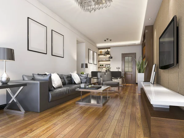 3D render lüks ve modern oturma odası mutfak yakınındaki