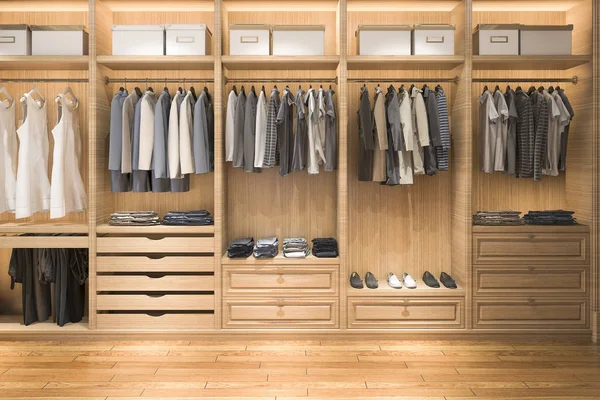 Renderizado Moderno Escandinavo Blanco Madera Walk Closet Con Armario — Foto de Stock