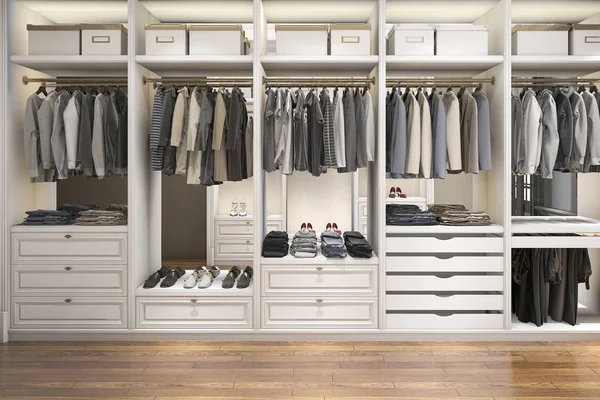 Renderizado Moderno Escandinavo Blanco Madera Walk Closet Con Armario — Foto de Stock