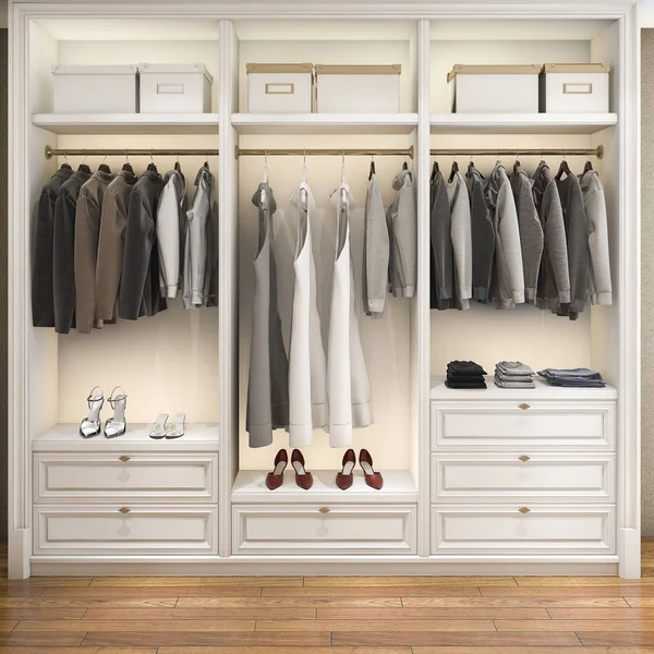 Renderizado Moderno Escandinavo Blanco Madera Walk Closet Con Armario —  Fotos de Stock