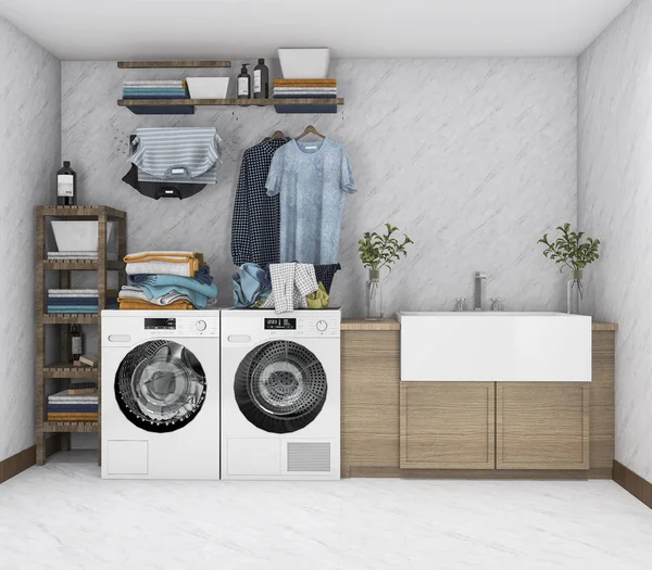 3D render çamaşır makinesi vintage çamaşır odasında