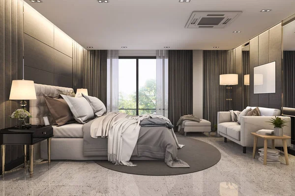 Rendering Moderne Loft Luxe Suite Met Slaapkamer Met Zitbank Buurt — Stockfoto