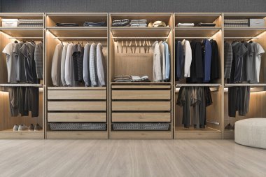 3D işleme modern İskandinav Beyaz ahşap yürüyüş ile gardırop pencere yakınındaki dolapta