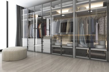 3D işleme modern İskandinav Beyaz ahşap yürüyüş ile gardırop pencere yakınındaki dolapta