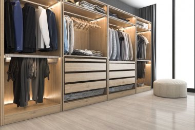 3D işleme modern İskandinav Beyaz ahşap yürüyüş ile gardırop pencere yakınındaki dolapta