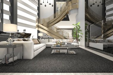3D render lüks ve modern oturma odası, çift kat altın merdiven