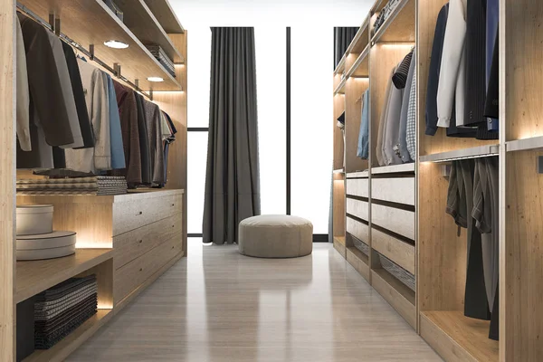 Renderizado Moderno Escandinavo Blanco Madera Walk Closet Con Armario Cerca — Foto de Stock