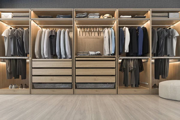 Rendering Modernes Skandinavisches Weißes Holz Begehbar Kleiderschrank Mit Kleiderschrank Fensternähe — Stockfoto