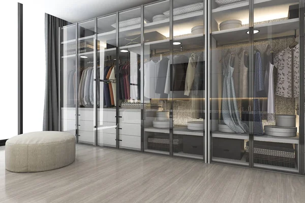 Renderizado Moderno Escandinavo Blanco Madera Walk Closet Con Armario Cerca —  Fotos de Stock