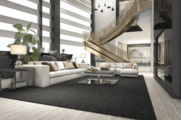 Vykreslování Luxusní Moderní Obývací Pokoj Dvojité Podlahy Zlaté Schodiště — Stock fotografie