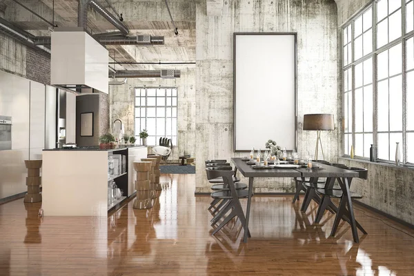 3d rendering industrial style kitchen with black wood dining zone