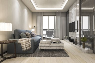 3D render lüks ve modern oturma odası ile kumaş koltuk