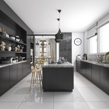 siyah ahşap bölge yemek ile 3D işleme sanayi tarzı mutfak