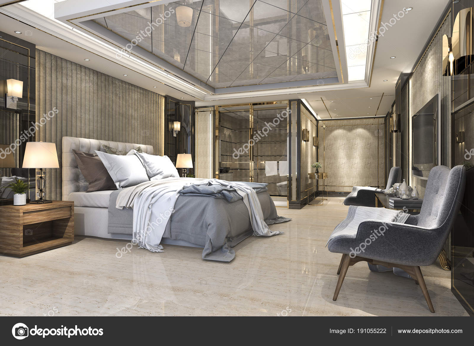 Rendering Beautiful Luxury Bedroom Suite Hotel Stock Photo