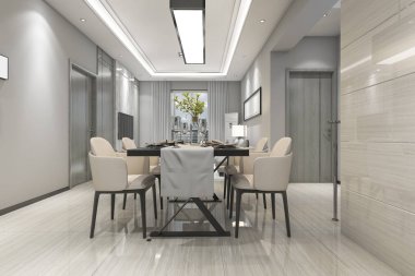 3 boyutlu modern yemek odası ve oturma odasını lüks dekorlarla donatmak.