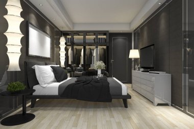 3D modern yatak odası süiti televizyonu gardıroplu ve dolapta yürüyor.