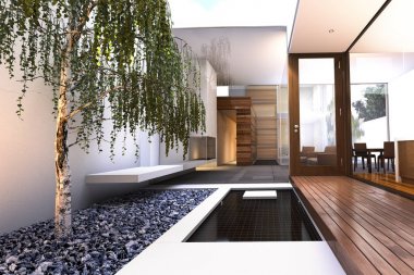 3d render Teras sandalye doğa havuzu oturan