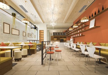 3 boyutlu çatı katı ve lüks otel resepsiyonu ve kafe restoranı.