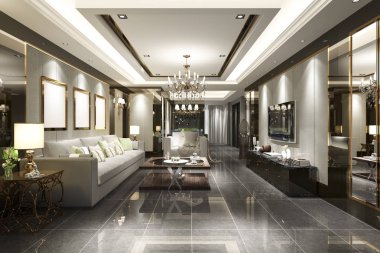 3D rendering lüks ve modern oturma odası ve yemek odası