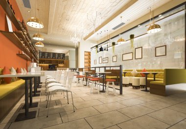 3 boyutlu çatı katı ve lüks otel resepsiyonu ve kafe restoranı.