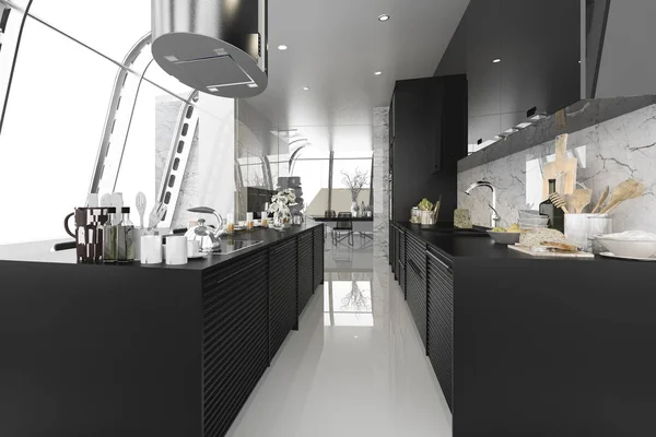 Rendering Modern Hitam Dapur Dengan Kayu Modern Dibangun — Stok Foto