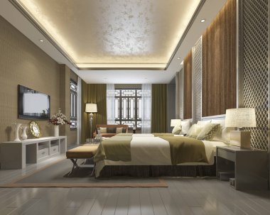 3D render lüks Çin Yatak Odalı Süit resort otel