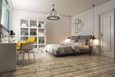 3D render vintage yatak odası çalışma masası