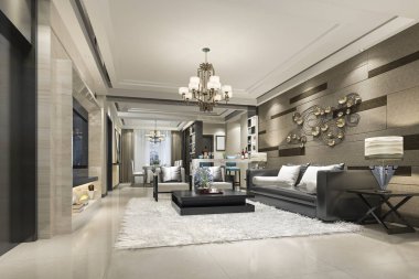3D rendering lüks ve modern oturma odası ve yemek odası