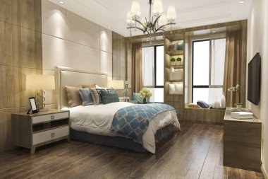 3D işleme modern ahşap yatak içinde bookshelf inşa