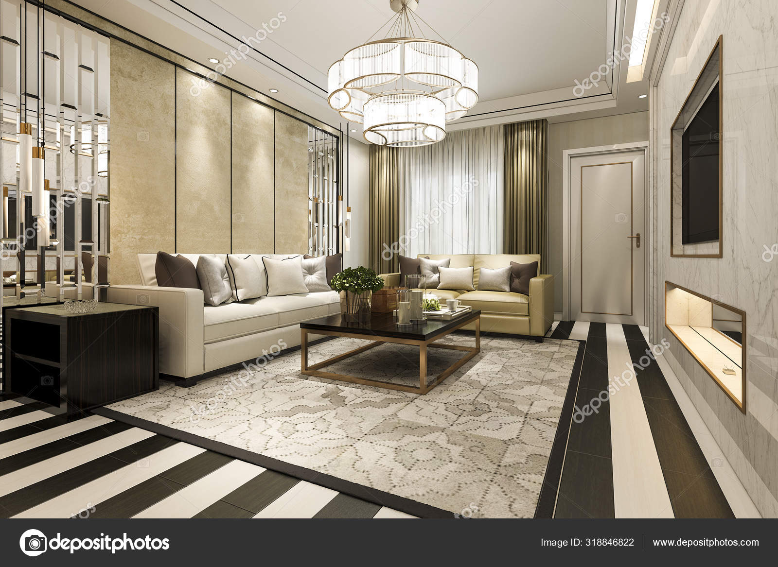 Rendering Modern Classic Living Room Luxury Decor Stripe Floor — Stock