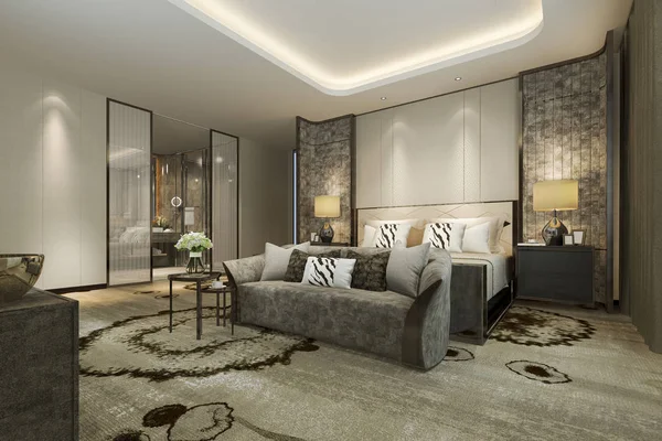 Klasik modern lüks yatak odası süiti ve banyosu.