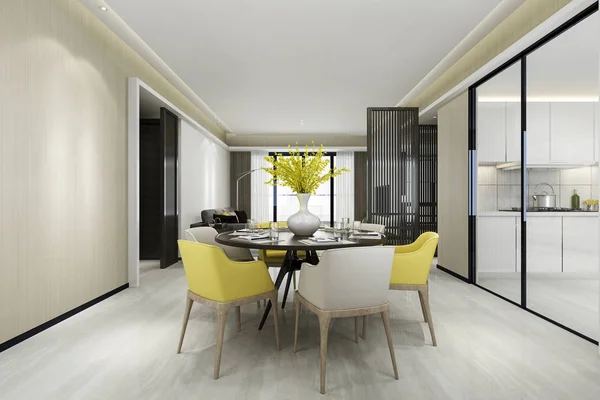 3d rendering yellow chair and luxury kitchen with dining table and living room