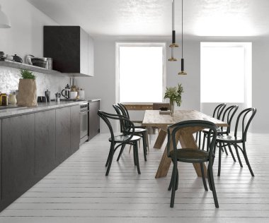 3D render İskandinav vintage mutfak yemek masası ile