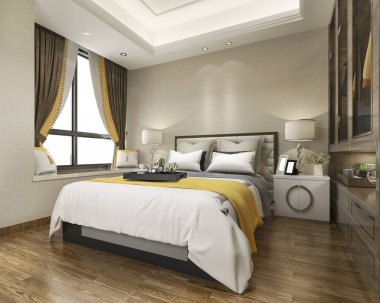 3D render lüks modern yatak odalı Süit otel ile dolap dolap yürümek