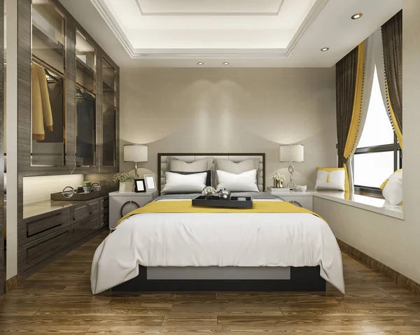 Rendering Luxus Moderne Schlafzimmer Suite Hotel Mit Kleiderschrank Und Begehbarem — Stockfoto