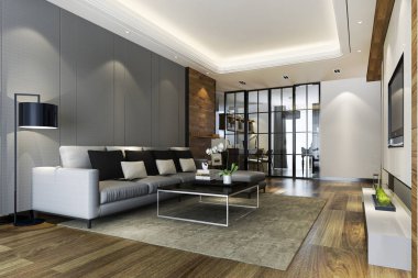 3D modern yemek odası ve mutfak lüks dekorlu oturma odası.