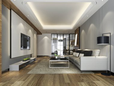 3D modern yemek odası ve mutfak lüks dekorlu oturma odası.