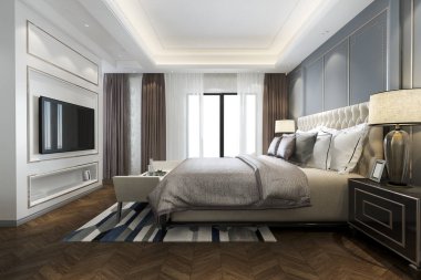 3D güzel, lüks yatak odası süitini televizyonu olan bir otel.