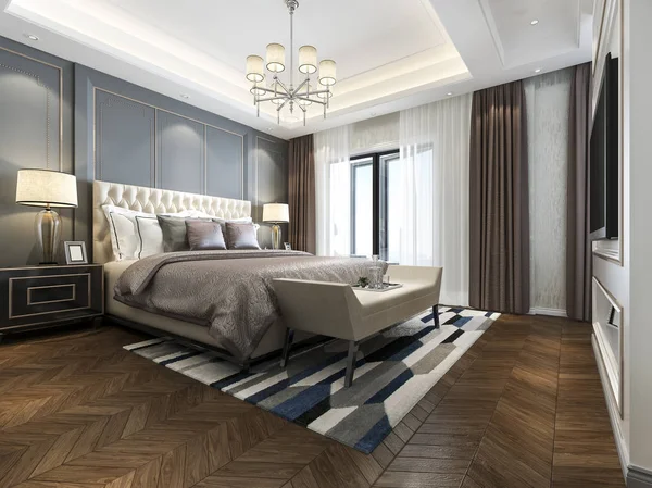 Візуалізація Красивої Класичної Розкішної Спальні Готелі Телевізором — стокове фото