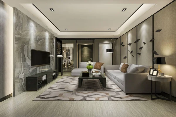 Vykreslování Moderní Jídelna Obývací Pokoj Luxusní Výzdobou — Stock fotografie