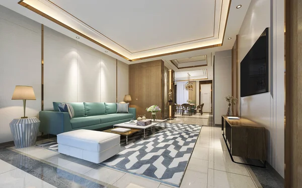 Vykreslování Moderní Jídelna Obývací Pokoj Luxusním Dekorem Zelenou Pohovkou — Stock fotografie