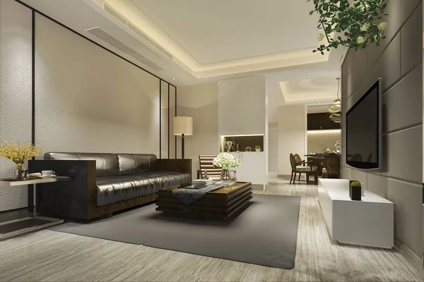 Rendering Modern Dining Room Living Room Luxury Decor Leather Sofa — Stock Photo, Image