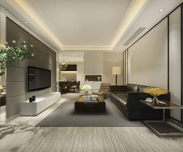 Vykreslování Moderní Jídelna Obývací Pokoj Luxusní Výzdobou Koženou Pohovkou — Stock fotografie