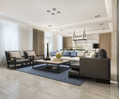 3 boyutlu modern yemek odası ve mutfak yakınında lüks dekorlu oturma odası.