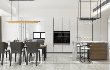 3D İskandinav mahsulü, modern mutfak ve yemek alanı.