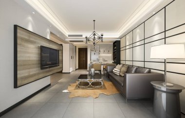 3D modern yemek odası ve mutfak lüks dekorlu oturma odası.