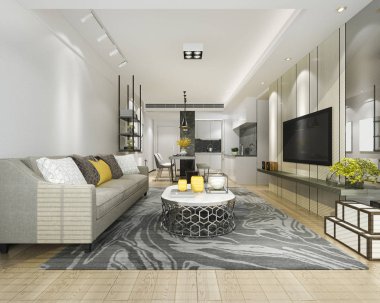 3D modern yemek odası ve mutfak lüks dekorlu oturma odası.