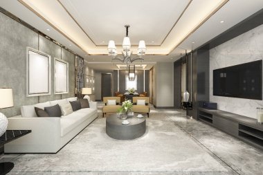3D güzel modern yemek odası ve lüks dekorlu oturma odası.