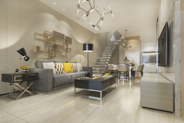 3D modern çatı katı yemek odası ve oturma odası. Merdivenlerin yanında lüks bir dekor var.