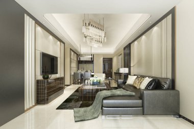 3D güzel modern yemek odası ve lüks dekorlu oturma odası.